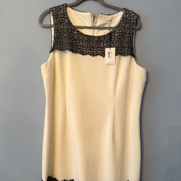 New Calvin Klein Cocktail Ivory/Black Lace Sheath Sleeveless Dress - Size 16 - Picture 2 of 6